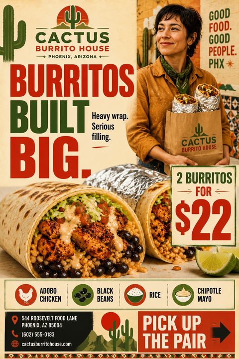 A rustic Southwestern-style flyer featuring bold red and green text, a woman holding a takeout bag, close-up photos of large stuffed burritos, and illustrated ingredient icons on a cream background.