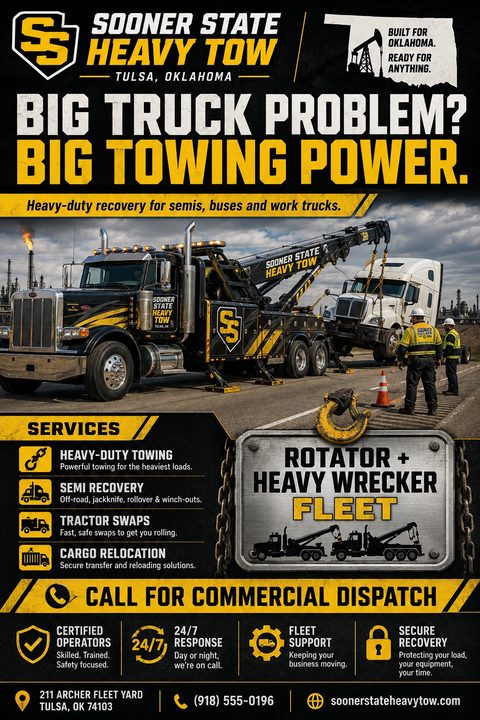 A rugged black and yellow flyer for a heavy-duty towing service, featuring a large wrecker towing a semi-truck, hazard stripes, a metal plate graphic, and a list of commercial recovery services.