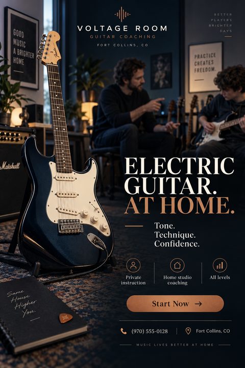 Flyer for electric guitar coaching featuring a close-up of a blue electric guitar on a stand in the foreground. In the blurred background, a teacher and student are playing guitars in a studio setting. Text reads 'Electric Guitar. At Home.'