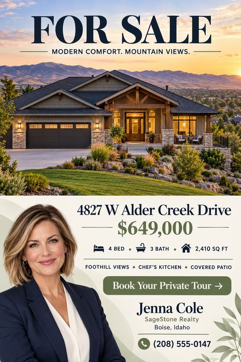 Real estate for sale flyer featuring a large sunset photo of a modern craftsman home, an agent portrait, property details, and sage green leaf accents on a cream background.