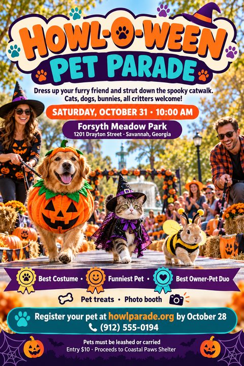 A bright Halloween flyer for a pet parade featuring a golden retriever in a pumpkin costume, a cat as a witch, and a bunny as a bee walking down a runway lined with pumpkins.