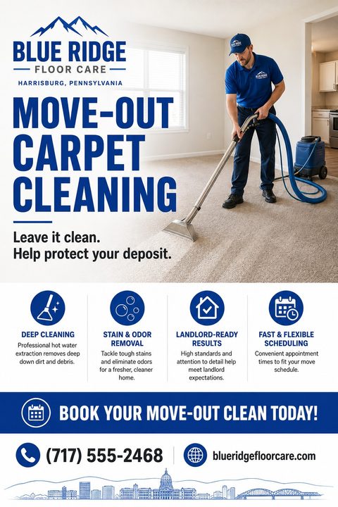 Flyer template for Move-Out Carpet Cleaning. Features a photo of a man using a professional carpet cleaner in an empty room. Below are icons for Deep Cleaning, Stain & Odor Removal, Landlord-Ready Results, and Fast & Flexible Scheduling. Bottom.