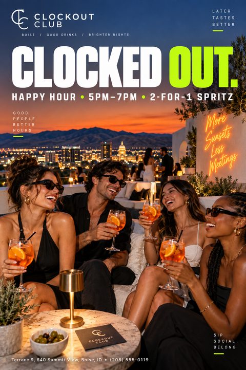 A happy hour flyer featuring a photo of four friends laughing and drinking orange spritz cocktails on a rooftop terrace at sunset. Bold white and neon green text advertises the event details.