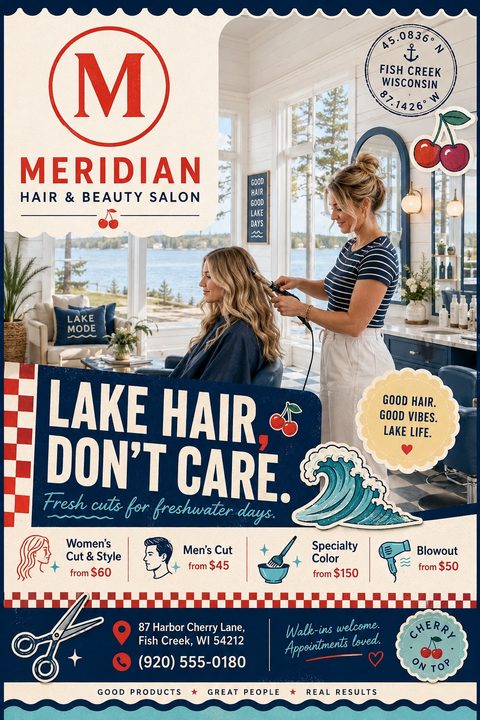 Retro nautical-themed hair salon flyer featuring a photo of a stylist curling a client's hair by a lake window. Includes red, white, and blue vintage graphics, cherry illustrations, and a service price list.