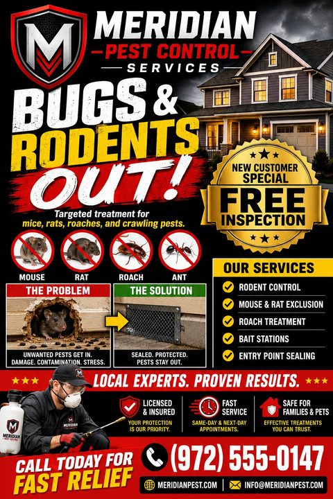 Pest control flyer template with a dark background, bold red and yellow text reading 'Bugs & Rodents Out!', a house image, pest icons, a problem/solution photo comparison, and a technician spraying.