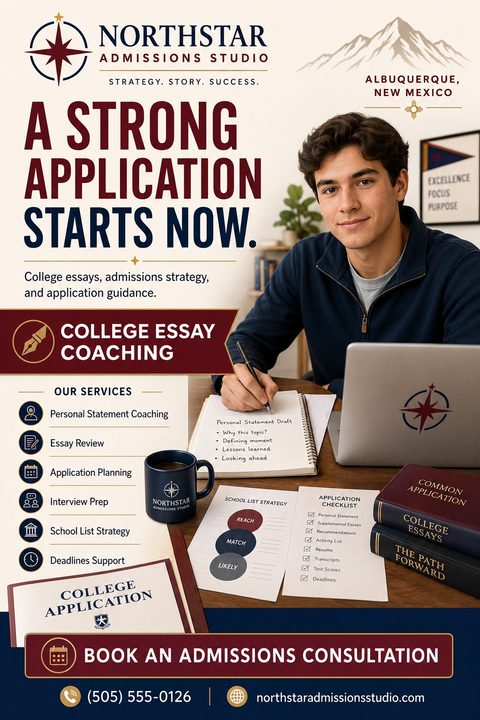 Flyer for Northstar Admissions Studio offering college essay coaching and application guidance. Shows a young man working on a laptop and notebook, with a list of services like personal statement coaching and interview prep.