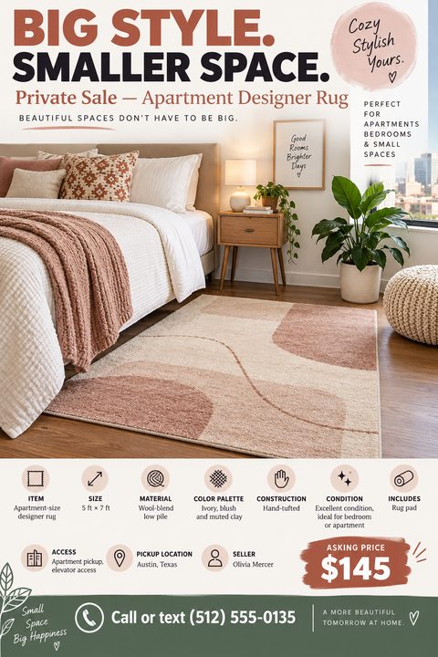 Flyer for a private sale of an apartment designer rug. Features a large photo of a cozy bedroom with the rug, icons detailing size, material, and condition, and a prominent asking price of $145.