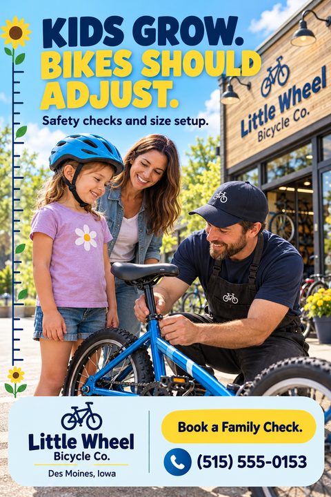 A family-friendly bicycle shop flyer featuring a mechanic adjusting a child's blue bike while the mother and daughter smile. It includes a playful sunflower growth chart graphic and bold blue and yellow text.