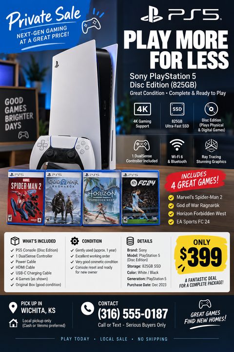 A flyer for a private sale of a PlayStation 5 console. It features a large image of the console and controller, four game cases, a list of specifications, what's included, condition details, a price of $399, and contact information for pickup in.
