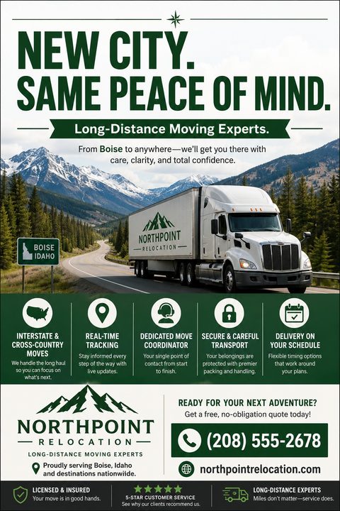 A moving company flyer featuring a white semi-truck driving on a scenic mountain highway. The design uses a dark green and white color palette with icons highlighting moving services.