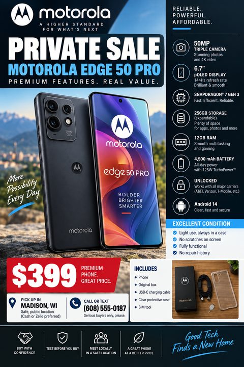 A flyer for a private sale of a smartphone. It features a large image of the phone, a sidebar listing technical specifications with icons, a price tag of $399, and sections for condition, included accessories, and contact information.