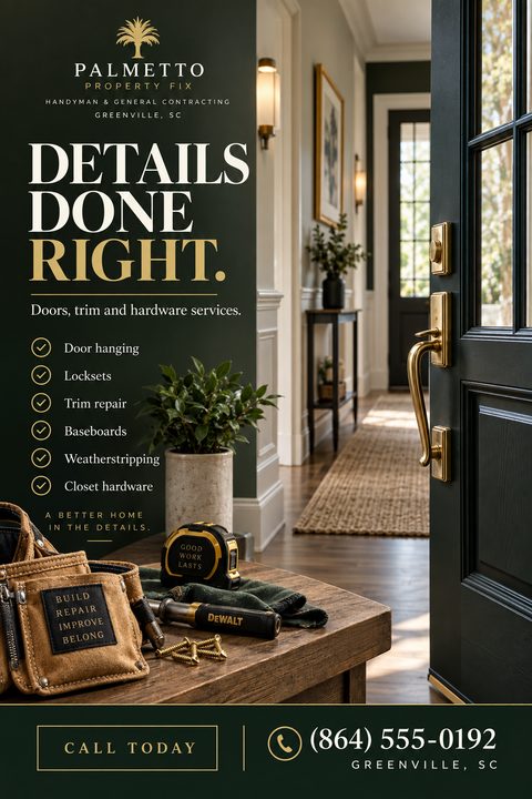 A dark green flyer for handyman services. The headline reads 'Details Done Right.' A photo shows a well-lit hallway with an open dark green door and a tool belt on a table in the foreground. A list of services includes door hanging, locksets, and.