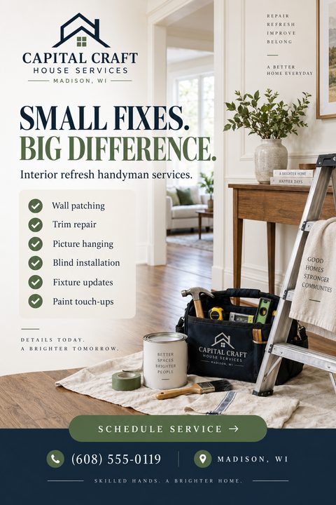 Flyer for Capital Craft House Services titled 'Small Fixes. Big Difference.' listing interior refresh handyman services like wall patching and trim repair, with a photo of tools and a paint can in a bright home interior.