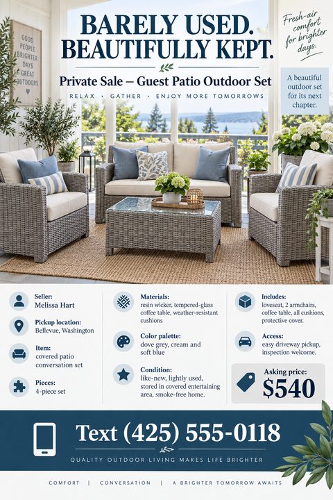 A private sale flyer for a patio set featuring a large photo of wicker furniture on a porch, followed by a neat grid of item details with icons, and a navy contact footer.