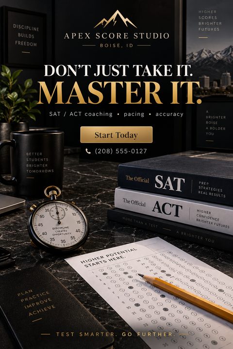 A dark, elegant flyer for SAT and ACT coaching featuring a desk with test prep books, a stopwatch, a scantron sheet, and a pencil. The text reads 'Don't just take it. Master it.' in gold and white.