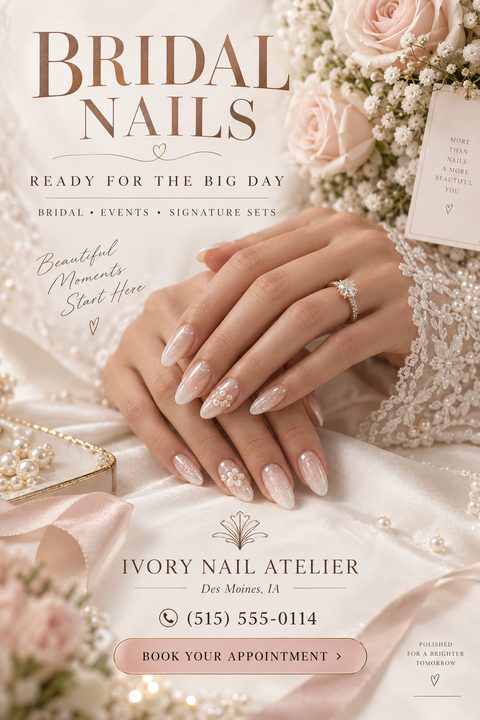 A flyer for bridal nail services featuring a close-up of a woman's hands with an elegant, pearl-accented manicure resting on white satin, surrounded by pale pink roses and pearls.