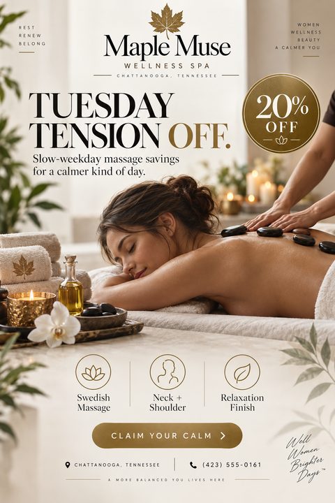 Elegant spa flyer template with a photo of a woman receiving a hot stone massage. Text reads 'Tuesday Tension Off' with a 20% off badge. Includes icons for Swedish Massage, Neck + Shoulder, and Relaxation Finish.