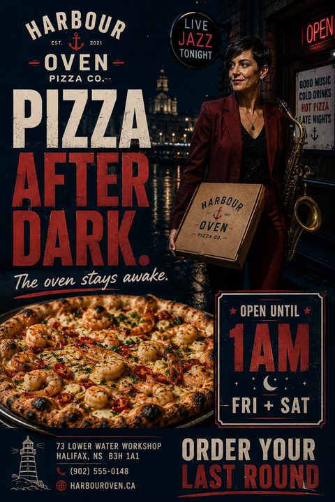 A moody, nautical-themed flyer for a late-night pizzeria. It features a woman holding a saxophone and a pizza box by a harbor, with a large shrimp pizza in the foreground and bold typography.