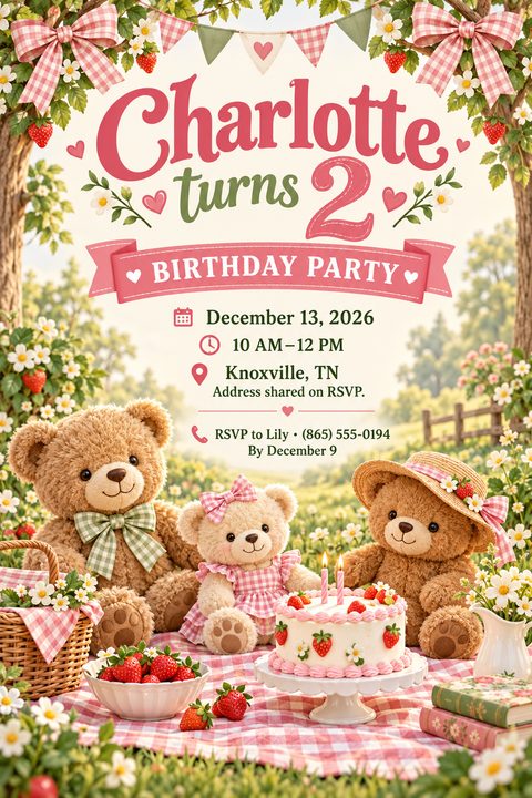 A cute birthday party flyer featuring three teddy bears having a picnic on a pink gingham blanket with a strawberry cake, surrounded by flowers, trees, and bunting.