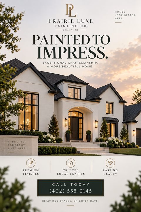 Flyer for a painting company featuring a large photo of a luxurious white house with black trim at sunset. Text reads 'Painted to Impress' and lists premium finishes, trusted local experts, and lasting beauty.