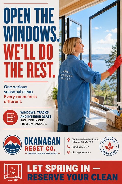 A spring cleaning flyer featuring a woman opening a large window overlooking a lake. Bold navy and red text reads 'Open the windows. We'll do the rest.' with service details and contact information below.
