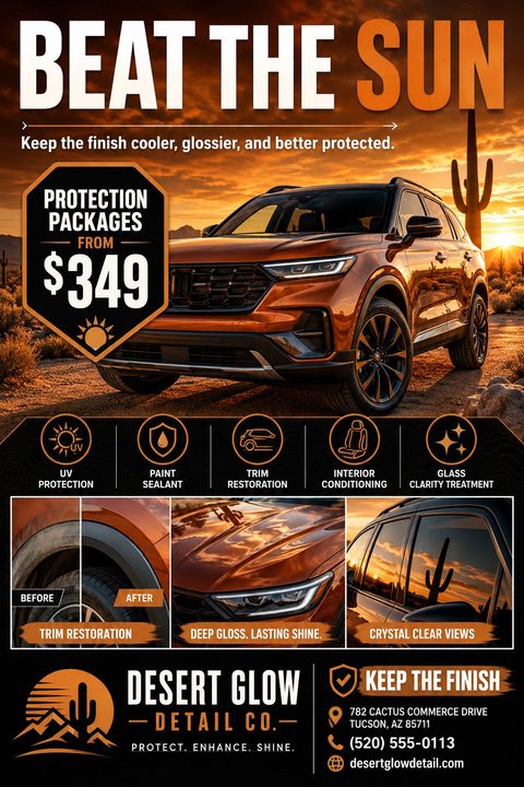 Auto detailing flyer featuring an orange SUV in a desert sunset. Includes a bold Beat the Sun headline, a price badge, service icons, and three before-and-after detail photos at the bottom.