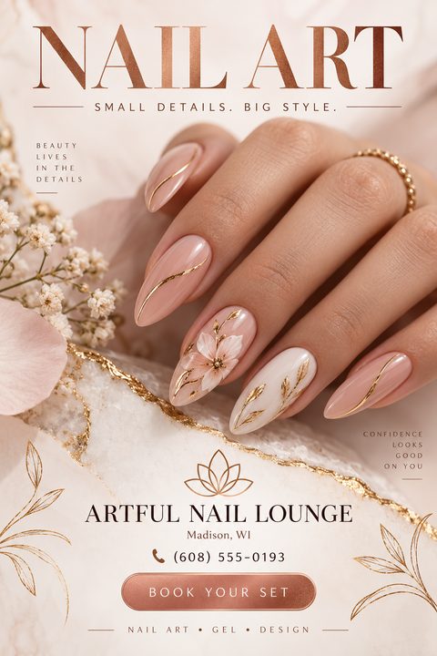 A flyer for a nail salon featuring a close-up of a hand with elegant pink and white nails decorated with gold accents and a floral design, set against a marble and rose gold background.