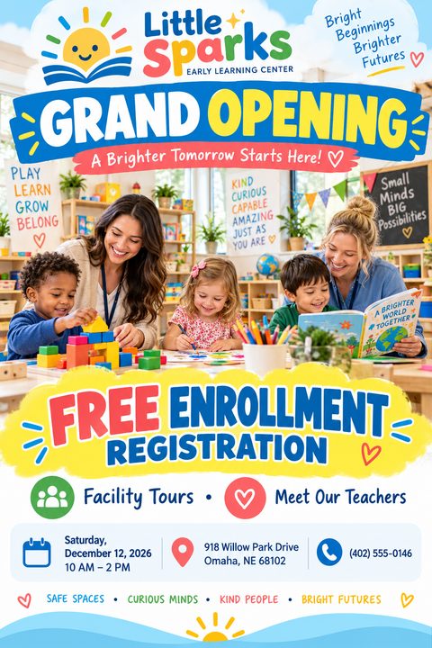 A bright, playful flyer for a daycare grand opening. It features a photo of teachers and children playing with blocks and reading, with colorful text offering free enrollment registration and facility tours.