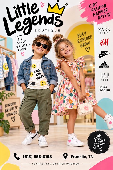 Flyer for a kids clothing boutique featuring a photo of a boy and girl modeling clothes. Text reads 'Little Legends Boutique', 'Big Style for Little People', and includes space for brand logos and contact information.