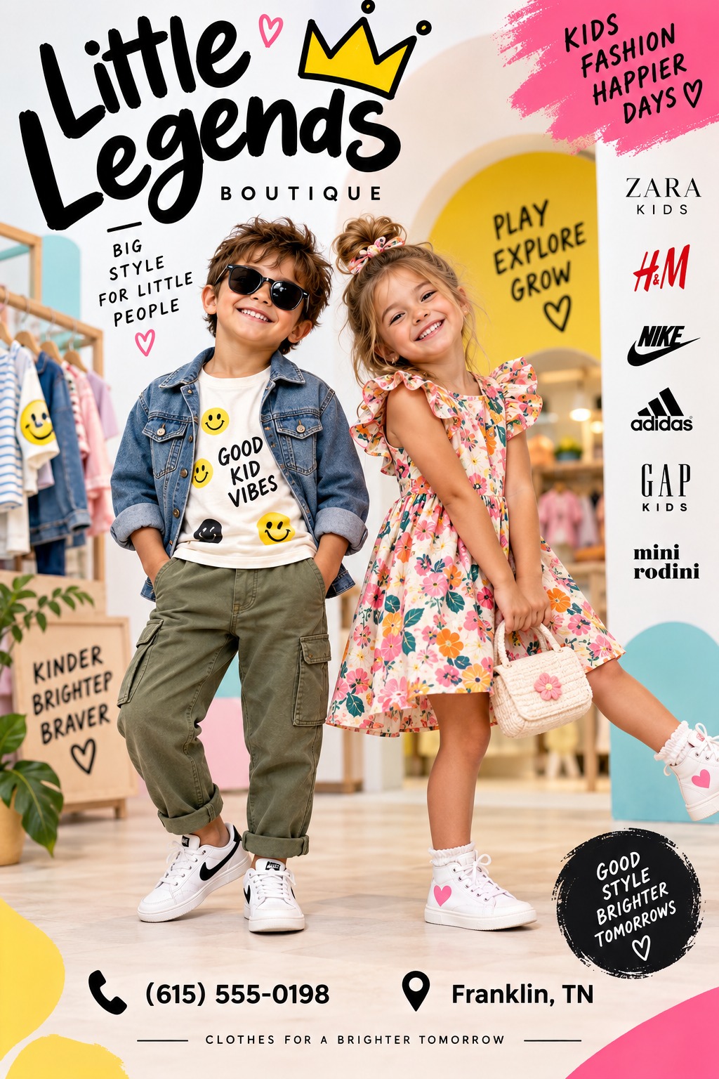 Flyer for a kids clothing boutique featuring a photo of a boy and girl modeling clothes. Text reads 'Little Legends Boutique', 'Big Style for Little People', and includes space for brand logos and contact information.