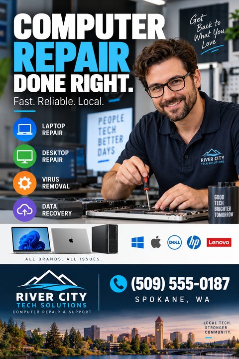 Computer repair flyer template with a photo of a smiling technician working on a laptop. Large text reads 'Computer Repair Done Right.' Includes icons for services and a section for contact info and location.