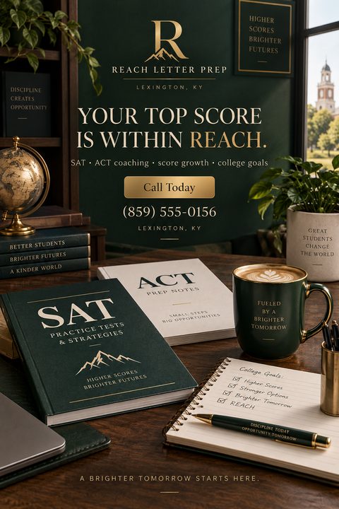 A flyer for test prep services featuring a desk with SAT and ACT prep books, a notebook, a pen, and a coffee mug against a dark green background with gold text.