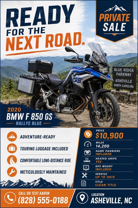 A bold motorcycle for sale flyer featuring a large photo of an adventure bike in the mountains, accented with navy blue and orange blocks, bulleted feature lists, and clear contact information.