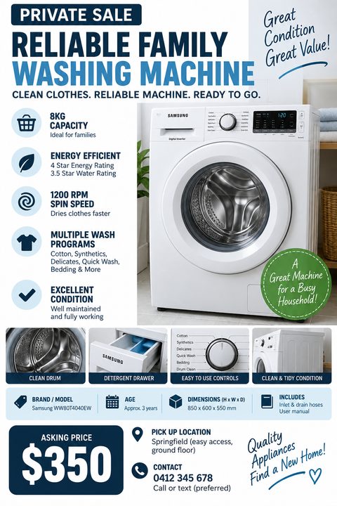 A flyer advertising a private sale for a washing machine. It includes a large photo of the machine, smaller detail photos, a list of features, specifications, asking price, and contact information.