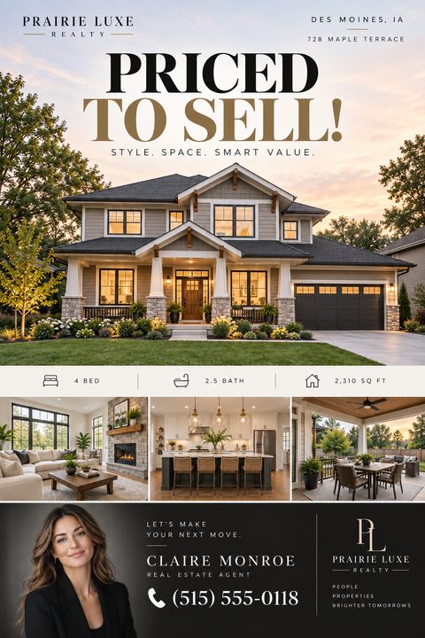 Real estate flyer template with 'Priced to Sell!' headline, a large photo of a two-story house, three smaller interior photos, property details, and agent contact information.