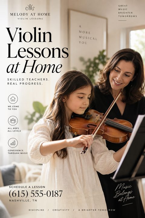 A warm, elegant flyer for in-home violin lessons featuring a large photo of a smiling female teacher guiding a young girl playing the violin, with classic serif text and three service icons.
