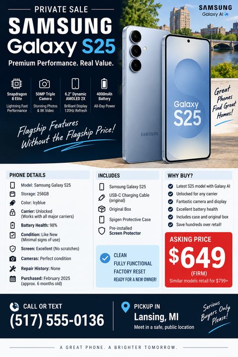 A private sale flyer for a smartphone featuring a dark navy header with phone images, followed by organized white and light blue sections detailing specs, inclusions, and a bold red asking price.