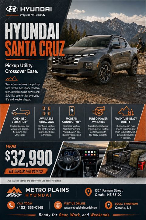 A car dealership flyer featuring a dark grey pickup truck parked on a dirt road with mountains in the background. The flyer includes text highlighting the vehicle's features, a starting price of $32,990, and dealership contact information.