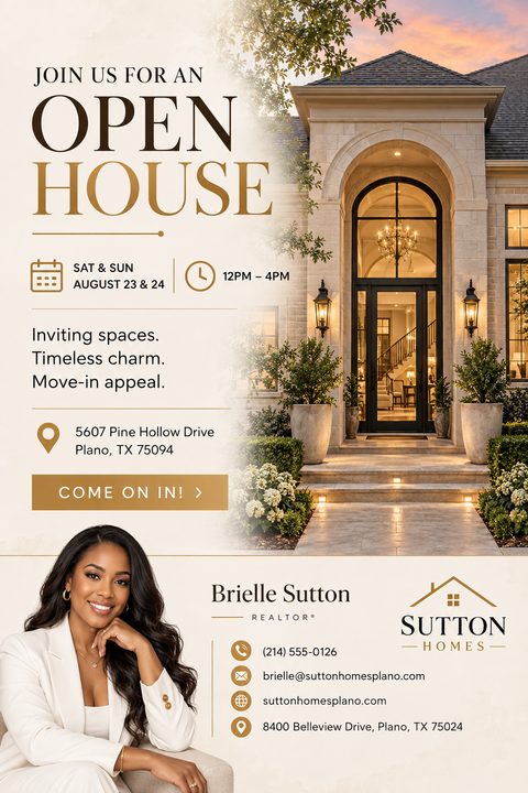 Real estate open house flyer with a large photo of a luxury home's arched entrance, event details, and a realtor's headshot and contact information.
