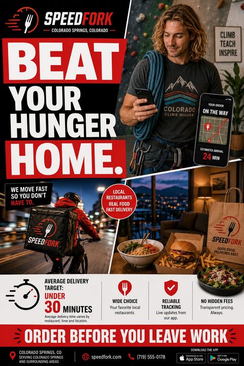 A bold red and black flyer for a food delivery app featuring a collage of a man ordering on his phone, a delivery cyclist at night, and delivered takeaway food.