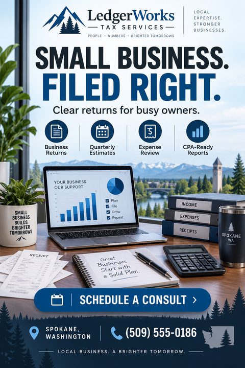 Flyer for LedgerWorks Tax Services. Headline reads 'Small Business. Filed Right. Clear returns for busy owners.' Features a desk with a laptop showing a chart, a calculator, and a notebook, with a mountain landscape visible through the window.