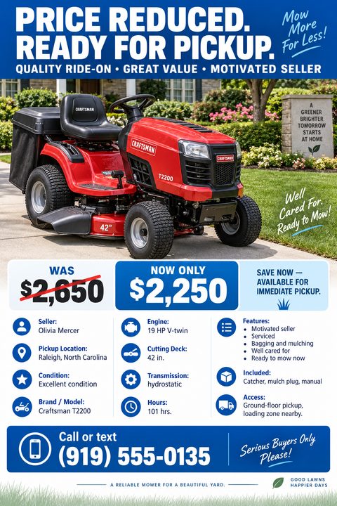 Flyer template for a private sale. A large photo of a red riding lawn mower is featured below a bold blue header reading 'PRICE REDUCED. READY FOR PICKUP.' Below the photo, a crossed-out 'WAS' price and a new 'NOW ONLY' price are displayed. The.