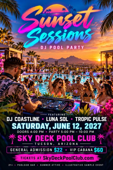 A vibrant sunset pool party flyer featuring a DJ mixing music in the foreground, a crowded pool, neon pink and cyan text, and palm trees against a mountain skyline.