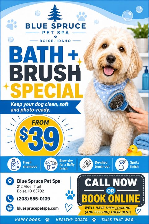 Flyer for a pet spa bath and brush special. Features a fluffy dog wearing a blue bandana being brushed. Large text reads 'Bath + Brush Special From $39'. Includes icons for shampoo, blow-dry, de-shed, and spritz. Blue and yellow color scheme.