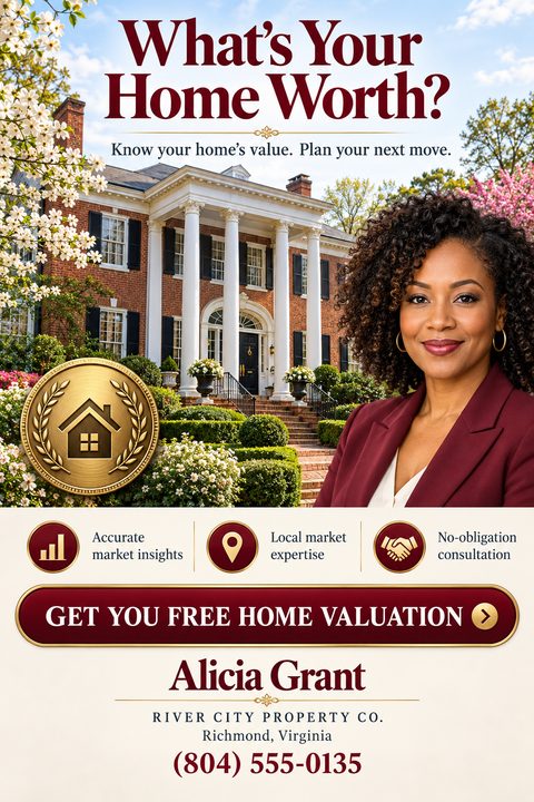 A real estate flyer with a stately brick home background and a female agent's portrait. It features a gold house seal, burgundy text asking "What's Your Home Worth?", and a prominent valuation button.