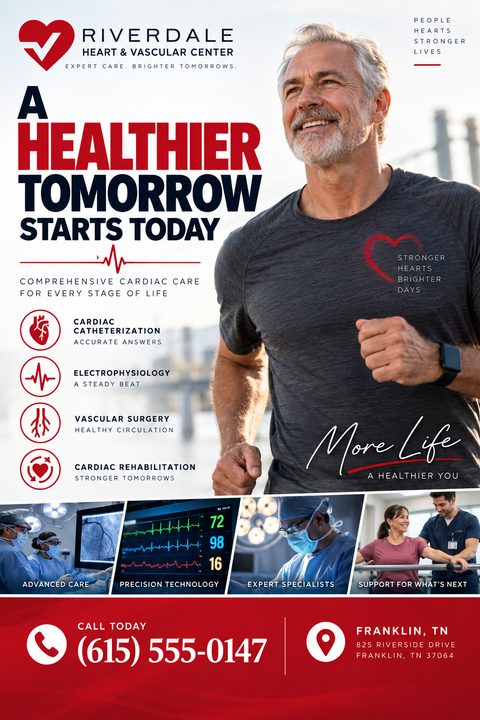 Flyer for a heart and vascular center. Features a large photo of a smiling older man jogging. Text reads 'A Healthier Tomorrow Starts Today'. Includes a list of services like cardiac catheterization and vascular surgery, plus a gallery of medical.