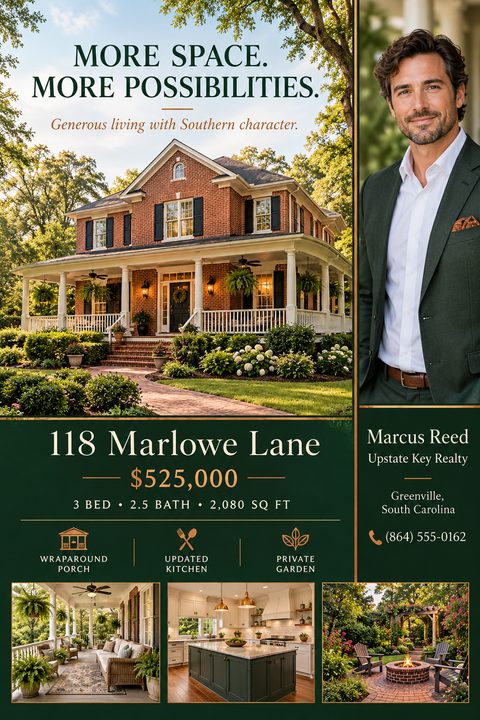 Real estate flyer template featuring a large photo of a brick house with a wraparound porch, an agent portrait, property details, and three smaller photos showing a porch, kitchen, and garden.