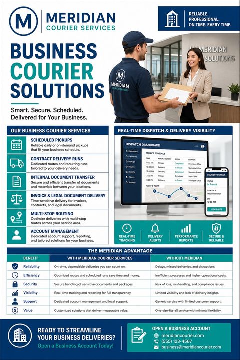 A flyer for Meridian Courier Services titled 'Business Courier Solutions'. It features a photo of a courier handing a package to a businesswoman, a list of services, a mockup of a dispatch dashboard, and a comparison table.
