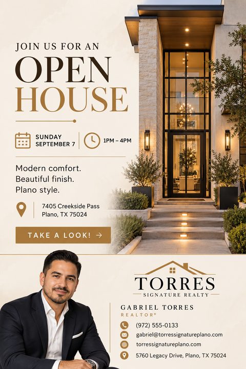 A real estate open house flyer with a beige background. A large photo of a modern home entrance is on the right. Event details, an agent photo, and contact info are displayed prominently.
