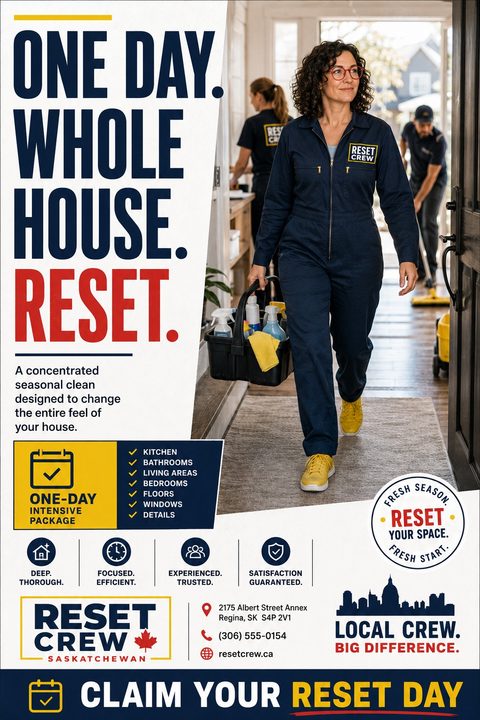 Flyer for a cleaning service titled 'One Day. Whole House. Reset.' featuring a photo of a cleaning crew entering a home, a checklist of services, and contact information.